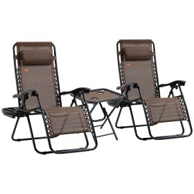 Outsunny Zero Gravity Chair Set 3 Piece Recliner with Side Table Cup Holder Headrest Brown Poolside Camping