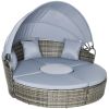 Outsunny 4pc Rattan Patio Furniture Set, Convertible Round Daybed/Sunbed, Adjustable Sun Canopy, Sectional Sofa, 2 Chairs, Table