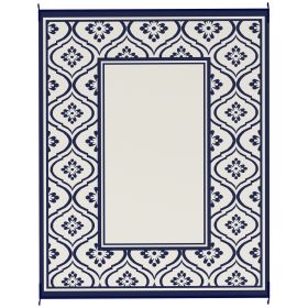 Outsunny Reversible Outdoor Rug, Waterproof Plastic Straw with Carry Bag, 8' x 10', Blue & White Gourd Border