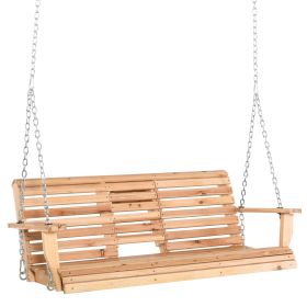Outsunny 3-Seater Porch Swing Bench Wooden Patio Swing with Folding Table Cup Holders Natural 440lbs