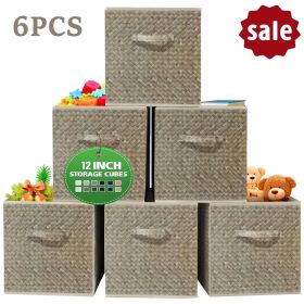 12 inch Foldable Cube Storage Bins Set of 6, Closet Organizers Bins and Storage Box for Toy Clothes-Brown