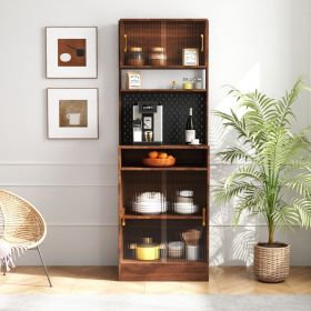 Kitchen Pantry Sideboard with 2 Sliding Striped Glass Doors, Freestanding Countertop Storage Cabinet for Bottles, Wine, Coffee machine, Microwave oven