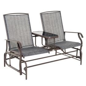 Outsunny 2-Person Outdoor Glider Bench with Center Table, Patio Rocking Chair Swing Loveseat with Breathable Mesh for Backyard, Front Porch, Brown