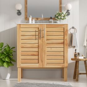 30" Antique Bathroom Vanity with Ceramic Sink, Mid-Century Modern Bathroom Vanity Cabinet with 2 Soft-Close Doors and Large Storage Space