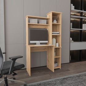 Light Oak 6-Shelf Writing Desk with Built-in Bookcase