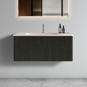 U058-Etna36W-308 Etna 36" Striped Brushed Black Oak Floating Bathroom Vanity with White Ceramic Sink, Bathroom Vanity for Modern Bathroom