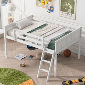 Full Size Wood Low Loft Bed with Ladder, ladder can be placed on the left or right, White(OId SKU: GX000366AAK)