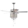 52'' Classical Crystal Ceiling Fan Lamp 3 Speed Hand Pull Chain (High, Mid, Low), 5 Reversible Blades for Living Room, Dining Room, Bedroom