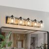 Farmhouse Vanity Light Fixture, 5-Light Bathroom Wall Sconce with Clear Seeded Glass Shades, Rustic Black Finish with Wood Backplate
