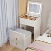 3-in-1 dressing table with flip mirror and light, small dressing table set with visible glass tabletop, 3 drawers, storage bench