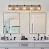 Farmhouse Vanity Light Fixture, 5-Light Bathroom Wall Sconce with Clear Seeded Glass Shades, Rustic Black Finish with Wood Backplate