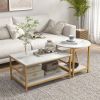 HOMCOM Coffee Tables Sets of 2, Rectangle and Round Coffee Table with Storage Shelves, Faux Marble Top, Living Room Table Set, White