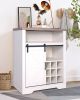 Farmhouse Storage Cabinet with Sliding Barn Door & Wine Shelf, Small Storage Cabinet for, Kitchen, Living Room, Rustic Oak with Antique White