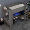 Wood Twin Size Gaming Loft Bed with Desk, Multi-storage Shelves, LED and Charging Station, Dark Gray(Expected Arrival Time: 2.14)