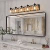 Farmhouse Vanity Light Fixture, 5-Light Bathroom Wall Sconce with Clear Seeded Glass Shades, Rustic Black Finish with Wood Backplate