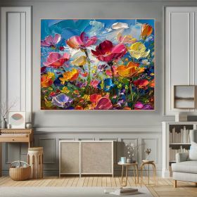 Colorful Floral Canvas Art Vibrant Flower Oli Painting on Canvas Textured Acrylic Painting Impasto Cheerful Floral Art Living Room Wall Art (Style: 01, size: 100x100cm)