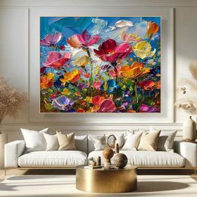 Colorful Floral Canvas Art Vibrant Flower Oli Painting on Canvas Textured Acrylic Painting Impasto Cheerful Floral Art Living Room Wall Art (Style: 01, size: 160x160cm)