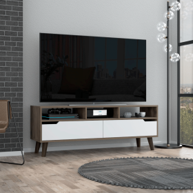 Kobe Tv Stand for TV´s, Three Open Shelves, Two Flexible Drawers (Color: Dark Walnut / White)