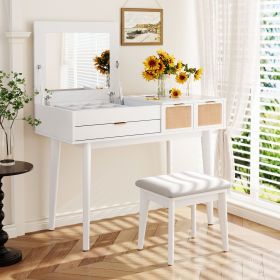 43.3" Classic Wood Makeup Vanity Set with Flip-top Mirror and Stool, Dressing Table with Three Drawers and storage space, White (Color: as Pic)