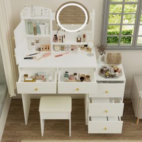 Fashion Vanity Desk with Mirror and Lights for Makeup and Cushioned Chair (Color: as picture)
