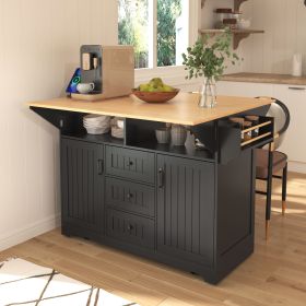 55.7" Large Kitchen Island with 2 Drop Leaf,Rolling Kitchen Cart on 5 Wheels with Power Outlet, Folding Storage Dining Table with Spice & Towel Rack (Color: Black, Material: MDF)