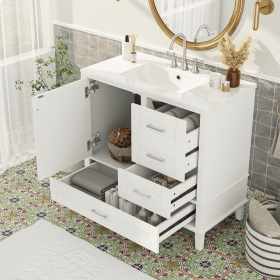 36" Bathroom Vanity with Solid Pine Frame, 1 Soft Close Door and 3 Drawers , Modern Storage Cabinet (Color: White, Material: Solid Wood+MDF)