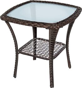 Outdoor Side Table;  Indoor Outdoor Glass Top Wicker Coffee Bistro Table;  All-Weather Patio Square Storage End Table;  Aluminum Frame;  20''x 20''x20 (Color: Brown)
